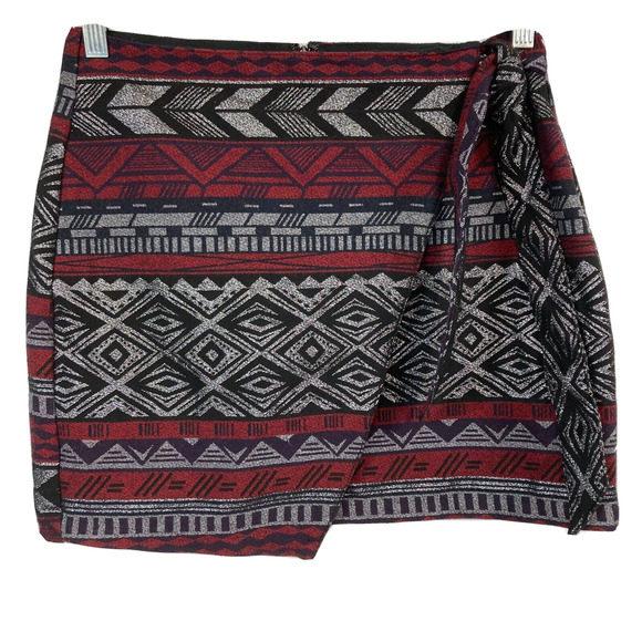 Express Skirt Womens Sz 6 Gray Red Aztec Southwest Wrap Front Tweed Mini Stretch - Picture 1 of 10